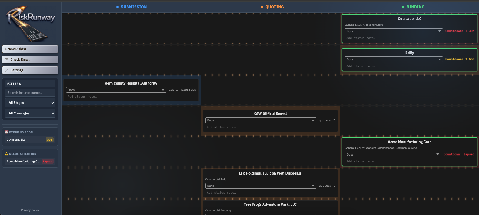Risk-Runway kanban pipeline showing insured submissions organized in columns from submitted to bound