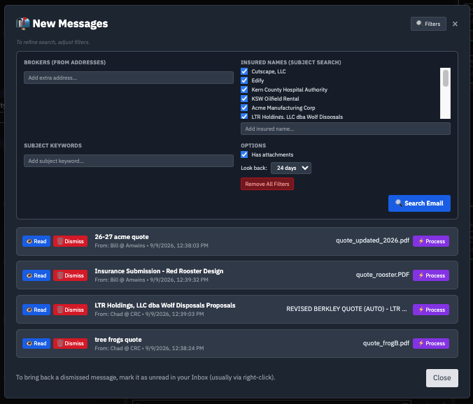 Risk-Runway new message notifications for incoming broker correspondence