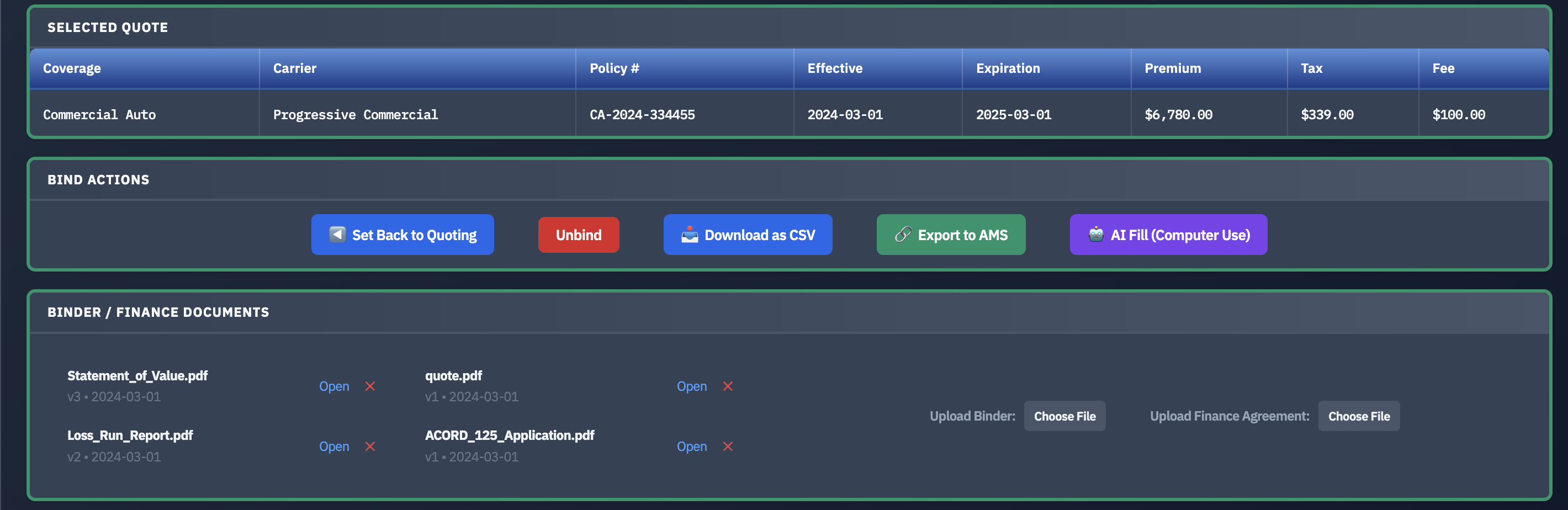 Export bound policy data to Applied Epic or AMS360 — no manual rekeying required