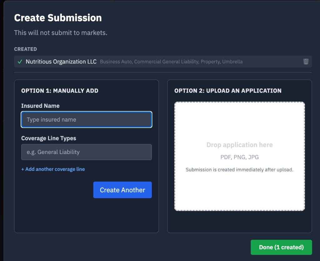 Risk-Runway create submission screen with ACORD 125 upload and automatic insured detail extraction