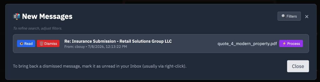 Outlook inbox integration showing incoming surplus lines quote emails with one-click processing