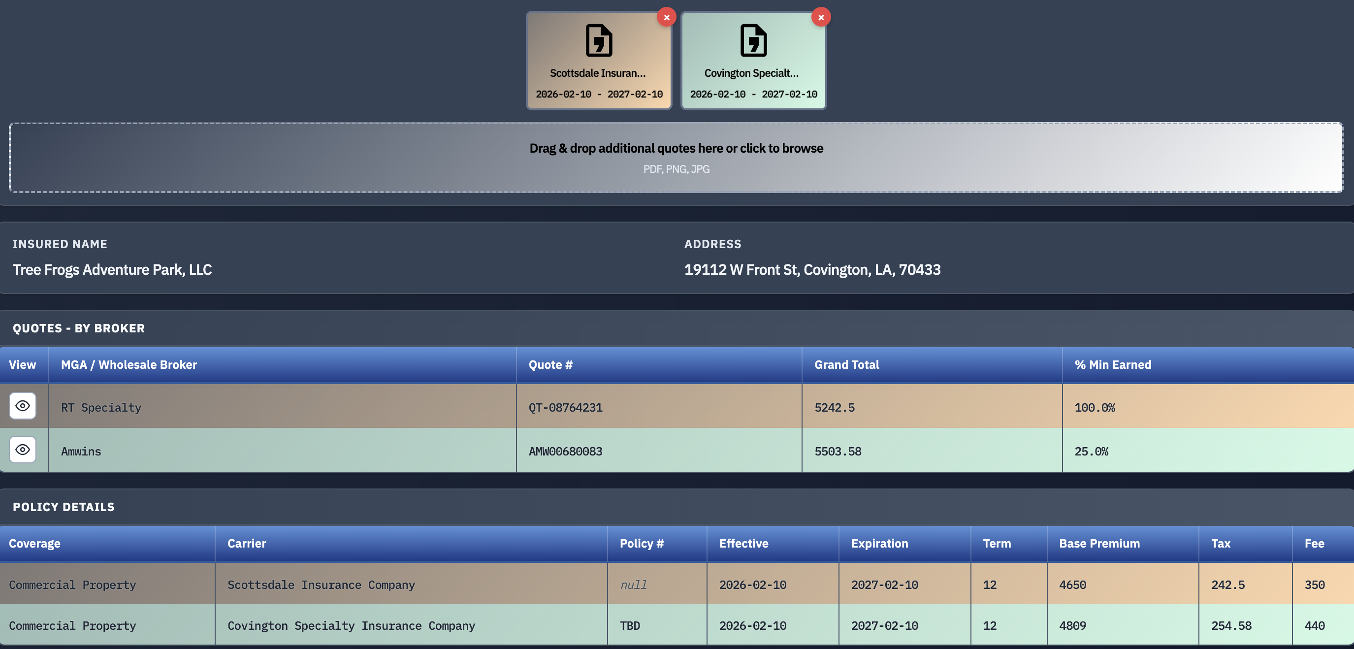 AI-powered surplus lines quote comparison showing premiums, limits, and fees from multiple carriers side by side