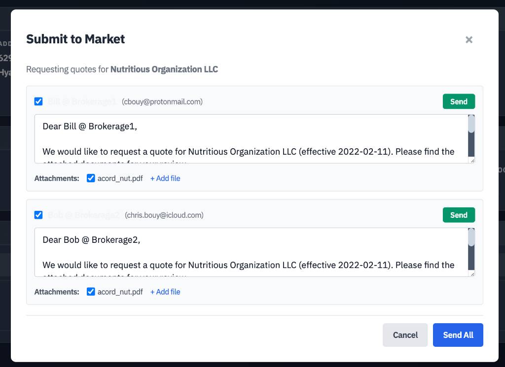 Submit to surplus lines market — send quote requests to multiple brokerages simultaneously